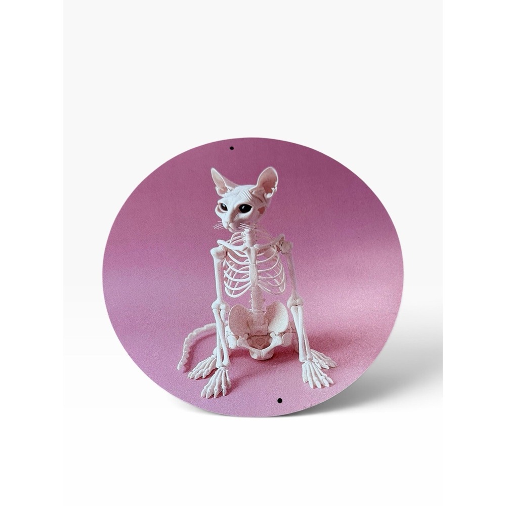 New Novelty Collectible Metal Sign skeleton cat pink white